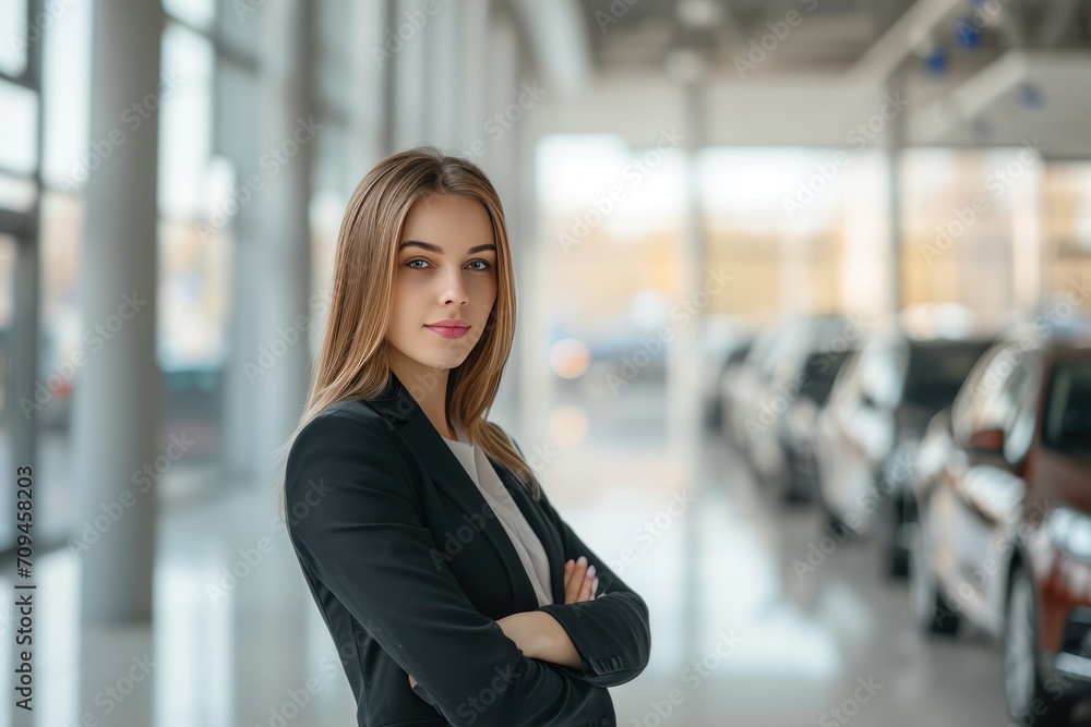 business woman concept,Female Manager Posing At Workplace In Auto Showroom. business woman concept,Female Manager Posing At Workplace In Auto Showroom.