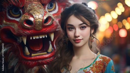 A russian tourist girl at a Chinese New Year celebration in a Chinese temple is photographed with a traditional Chinese dragon " barong sai". Festive Chinese entertainment, Asia new year, 2024