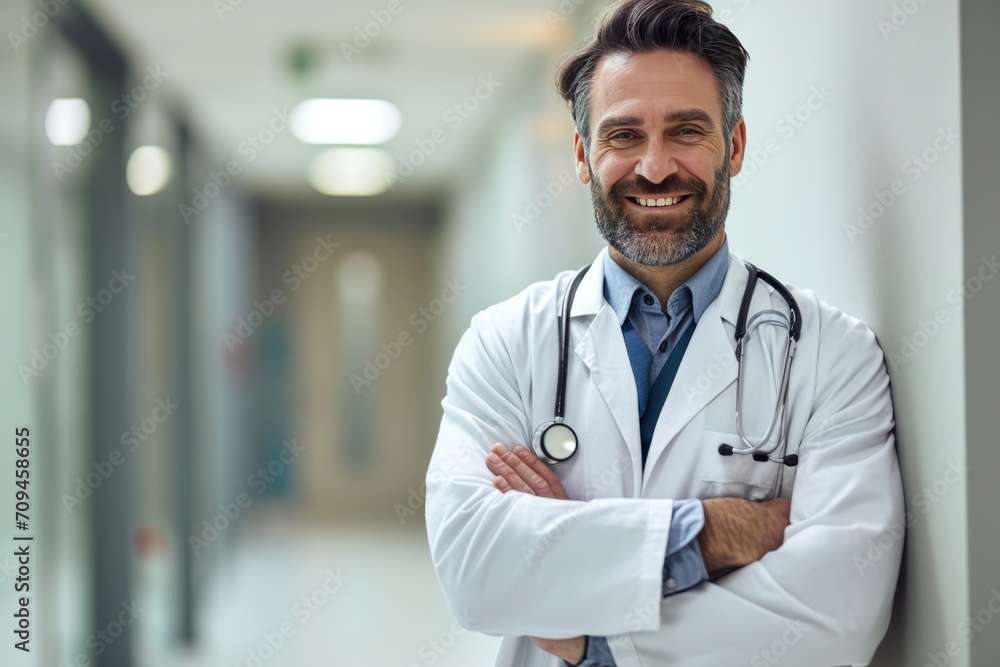 Handsome male doctor hugging his arms at the hospital Handsome male doctor hugging his arms at the hospital