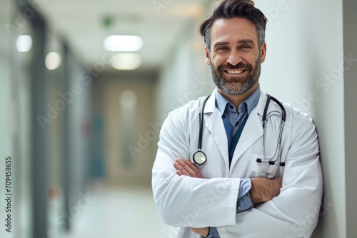 Handsome male doctor hugging his arms at the hospital 