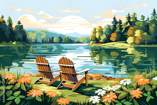 Idyllic lake view with Adirondack chairs © Jacek