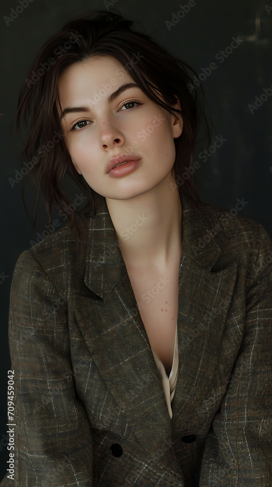 A woman in a blazer posing on a dark background A woman in a blazer posing on a dark background
