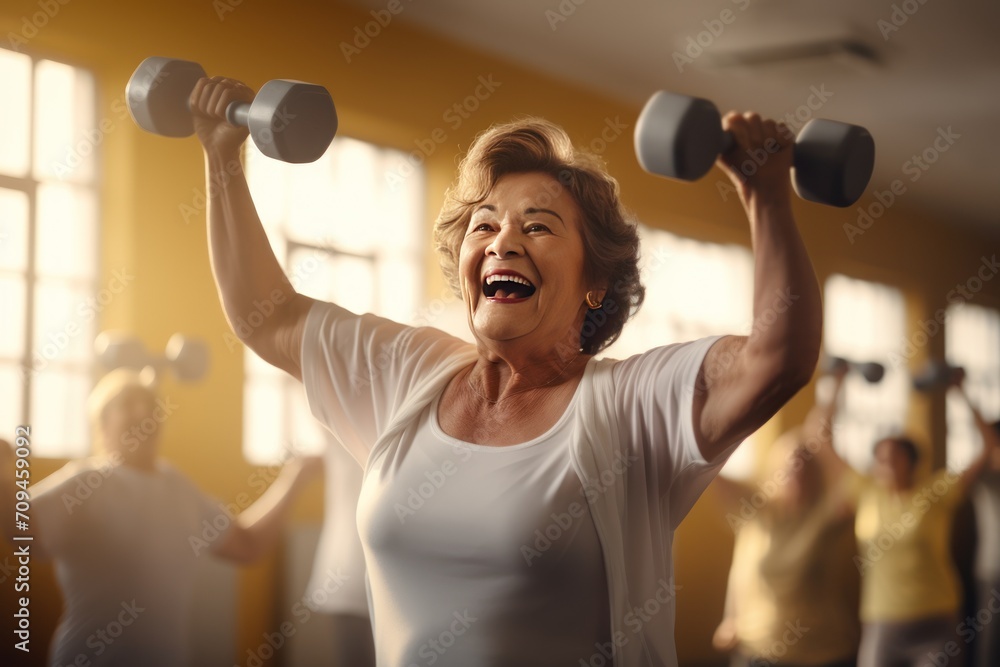 Happy overweight woman doing exercise with dumbbells at fitness gym Happy overweight woman doing exercise with dumbbells at fitness gym