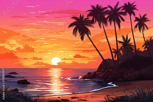 Tropical beach sunset with palm trees