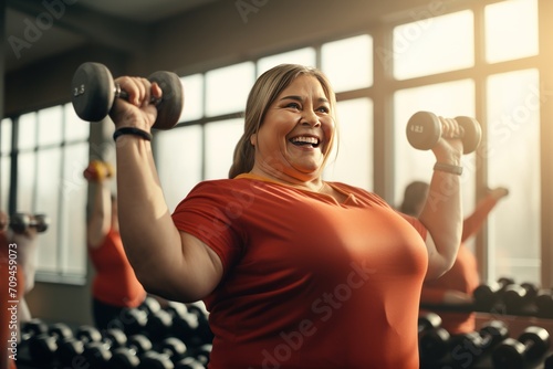 Happy overweight woman doing exercise with dumbbells 