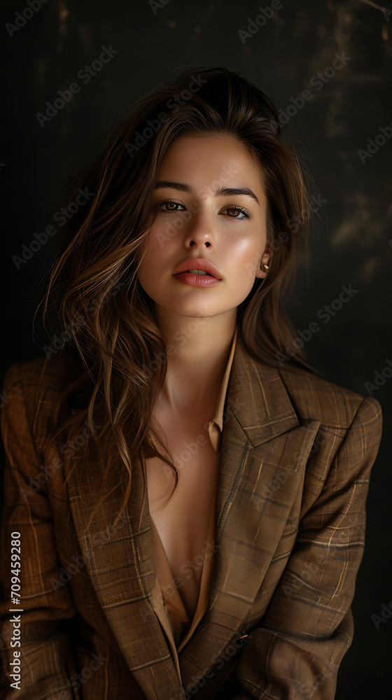 A woman in a blazer posing on a dark background A woman in a blazer posing on a dark background