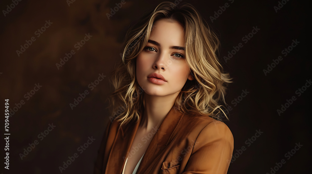 Naklejka premium A woman in a blazer posing on a dark background