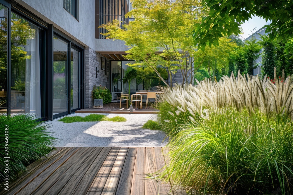 Obraz premium Modern simplicity outdoor garden terrace. 