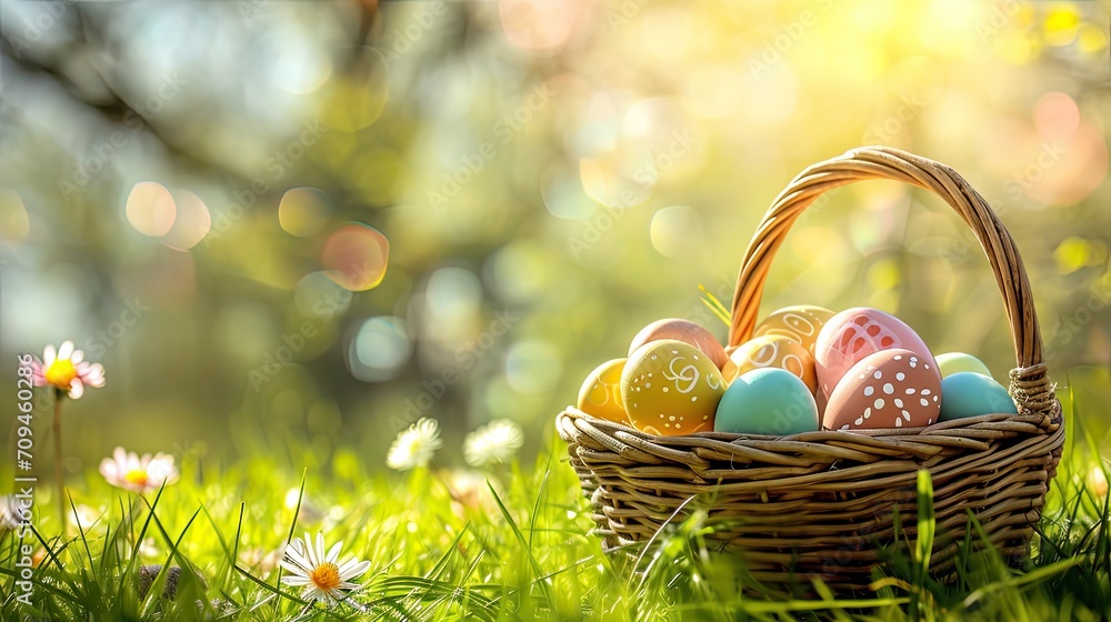 Happy easter day, Easter painted eggs in the basket on wooden rustic table for your decoration in holiday with copy space