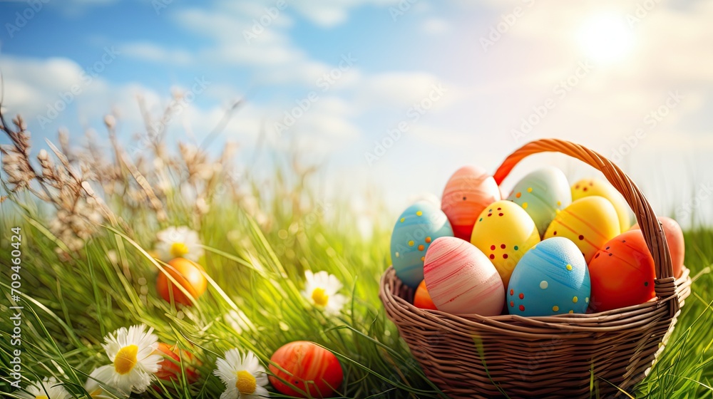 Happy easter day, Easter painted eggs in the basket on wooden rustic table for your decoration in holiday with copy space Happy easter day, Easter painted eggs in the basket on wooden rustic table for your decoration in holiday with copy space