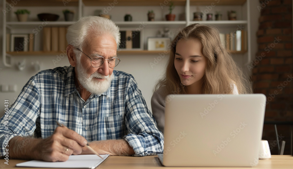 granddaughter helping her grandfather writing an essay on the laptop granddaughter helping her grandfather writing an essay on the laptop