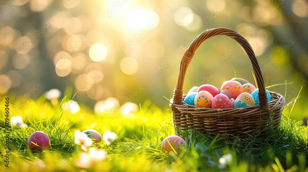 Happy easter day, Easter painted eggs in the basket on wooden rustic table for your decoration in holiday with copy space Happy easter day, Easter painted eggs in the basket on wooden rustic table for your decoration in holiday with copy space