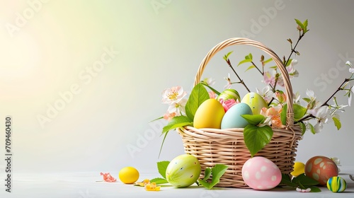 Happy easter day, Easter painted eggs in the basket on wooden rustic table for your decoration in holiday with copy space