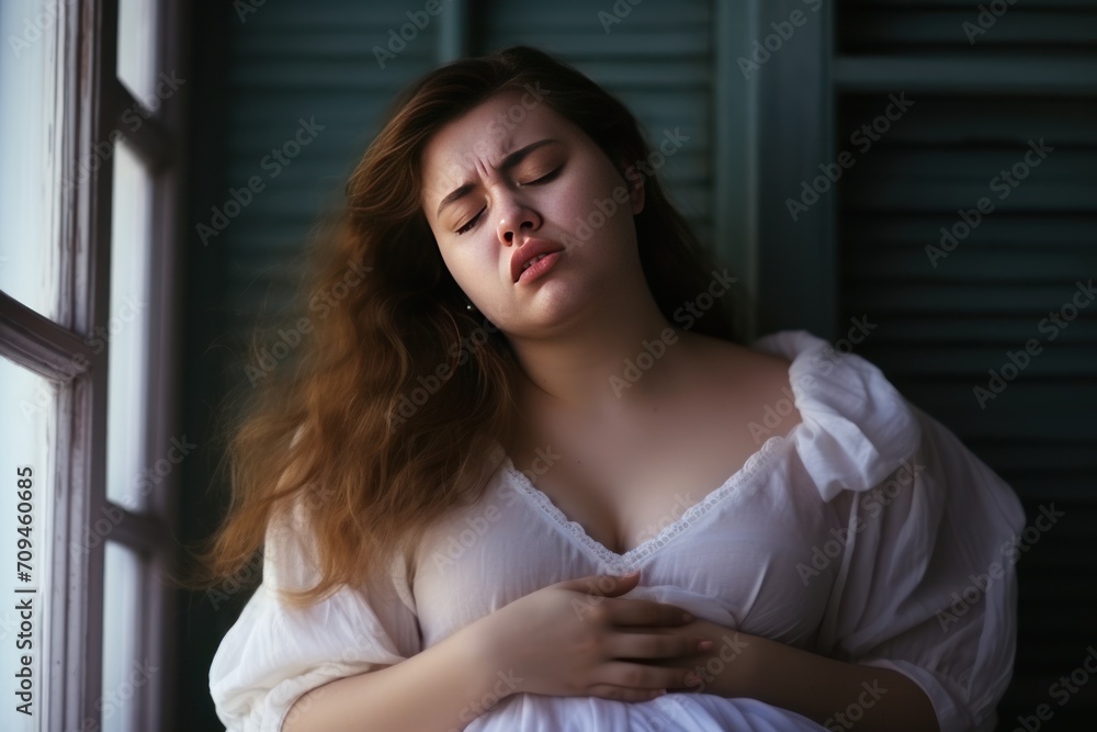 Disease and obesity concept,Overweight plus size young woman feel chest pain 