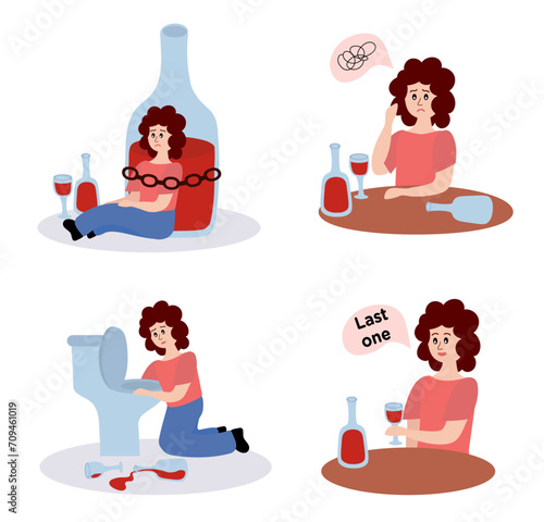 Alcohol abuse and addiction concept. Set of drunk woman with bottles of alcoholic drinks. Addicted drinker with unhealthy habit and alcoholism. Flat vector illustrations isolated on white background