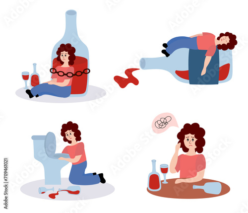 Alcohol abuse and addiction concept. Set of drunk woman with bottles of alcoholic drinks. Addicted drinker with unhealthy habit and alcoholism. Flat vector illustrations isolated on white background.