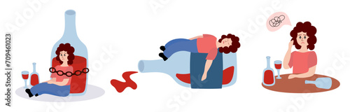 Alcohol abuse and addiction concept. Set of drunk woman with bottles and glasses of alcoholic drinks. Addicted drinkers with unhealthy habit and alcoholism. Flat vector illustration.