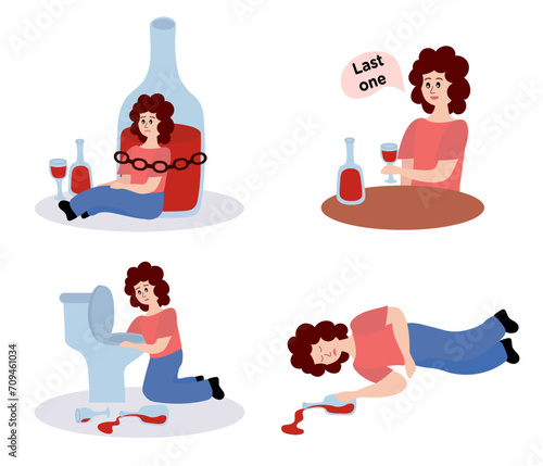 Alcohol abuse and addiction concept. Set of drunk woman with bottles of alcoholic drinks. Addicted drinker with unhealthy habit and alcoholism. Flat vector illustrations isolated on white background.