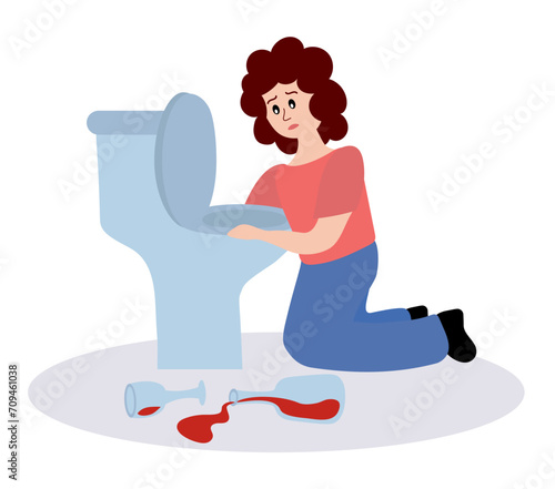 Alcoholism problem. Unhealthy lifestyle. Alcohol abuse and addiction. Alcoholic woman character. Drunk girl with hangover sit near the toilet, around a bottle of wine. Vector flat illustration.