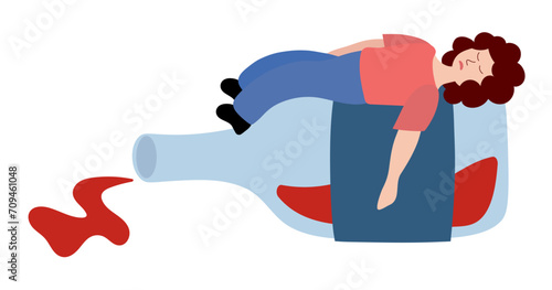 Alcoholism problem. Unhealthy lifestyle. Alcohol abuse and addiction. Alcoholic woman character. Drunk girl lying on bottle of wine. Vector flat illustration.
