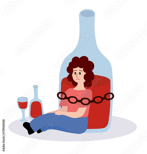 Alcoholism problem. Unhealthy lifestyle. Alcohol abuse and addiction. Alcoholic woman character. Drunk girl is chained to a bottle. Nearby is a bottle of wine and a glass. Vector flat illustration.