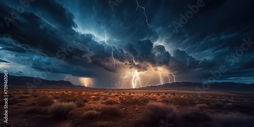 A dramatic thunderstorm over a desert landscape with lightning bolts