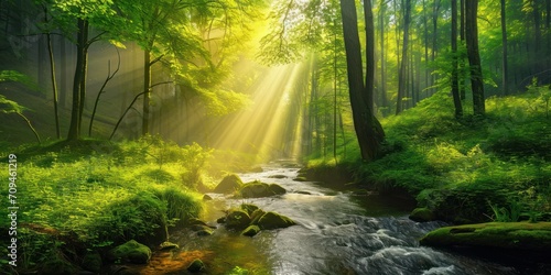 Lush green forest with a winding river and sunlight filtering through the trees