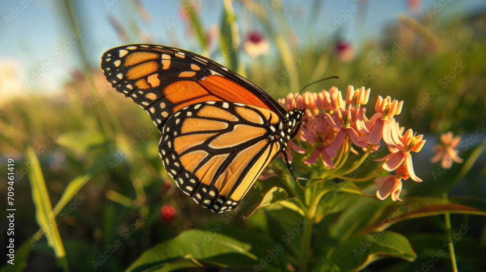Closeup of a Monarch erfly struggling to lay its eggs on a single milkweed plant amidst a sea of mowed lawns and urban developmen Closeup of a Monarch erfly struggling to lay its eggs on a single milkweed plant amidst a sea of mowed lawns and urban developmen