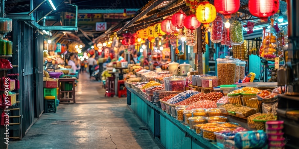 traditional Asian market with colorful stalls, exotic foods, and a bustling atmosphere.