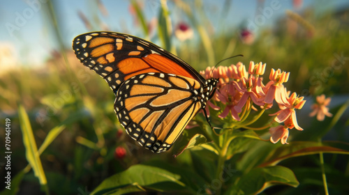 Closeup of a Monarch erfly struggling to lay its eggs on a single milkweed plant amidst a sea of mowed lawns and urban developmen © Justlight