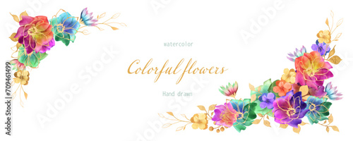 花, 水彩, フレーム, 背景, 線画, ベクター, 春, 夏, カラフル, ゴールド, 金, ボタニカル, イラスト