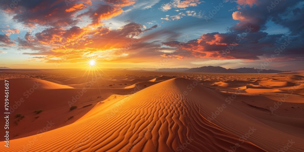 panoramic view of a vast desert under a blazing sunset, with sand dunes creating beautiful patterns.