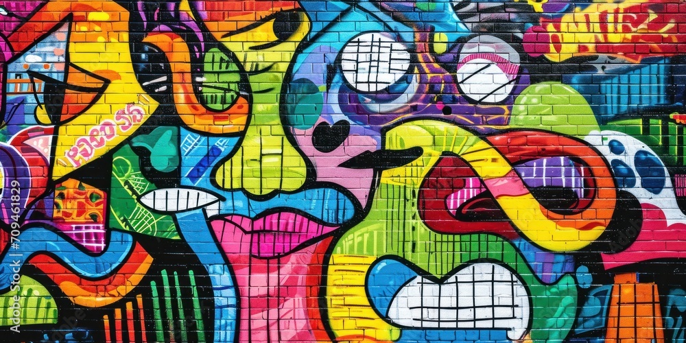 Fototapeta premium vibrant street art mural on an urban wall, featuring bold colors and contemporary designs