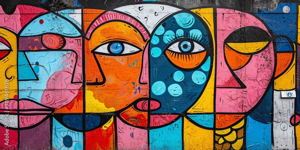 Obraz premium vibrant street art mural on an urban wall, featuring bold colors and contemporary designs