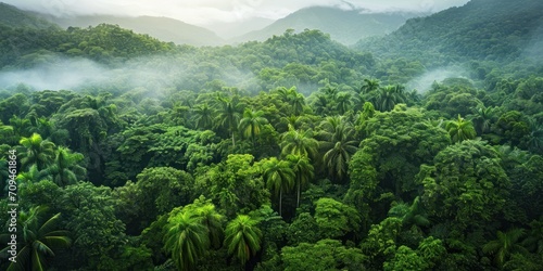 view of a lush rainforest canopy from above, with diverse plant life and a sense of untouched natural beauty