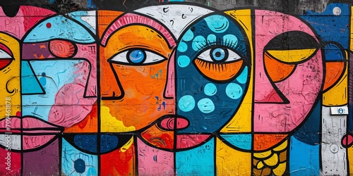 vibrant street art mural on an urban wall, featuring bold colors and contemporary designs photo