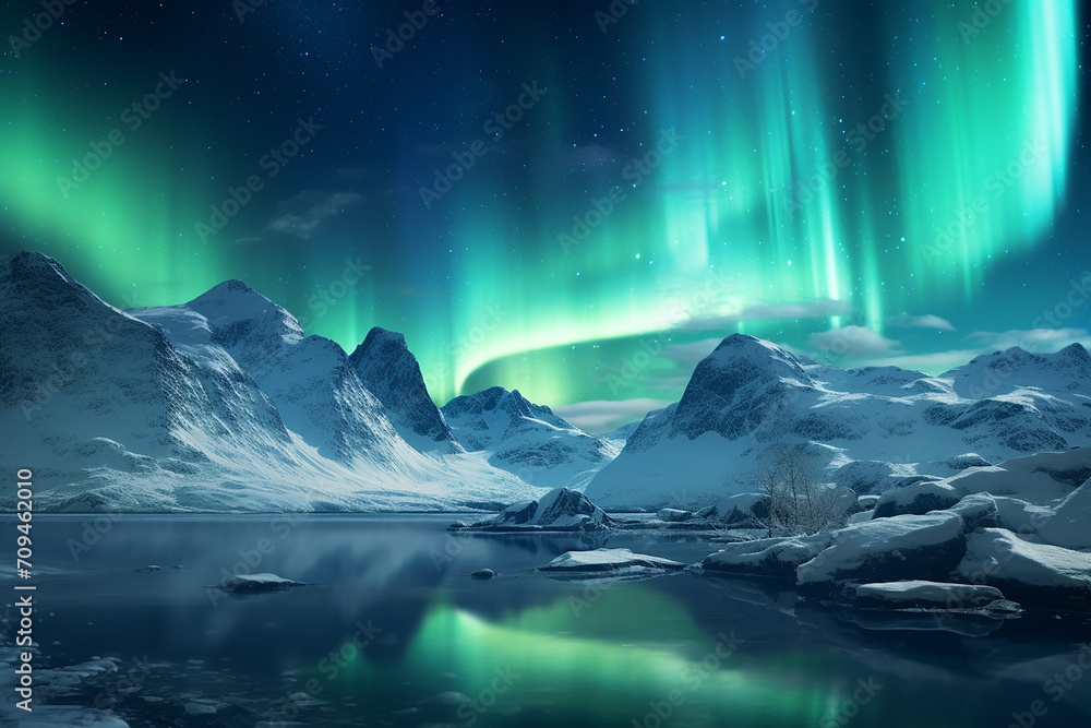 Generative AI Image of Snowy Mountains Landscape with Lights of Aurora Borealis in the Sky