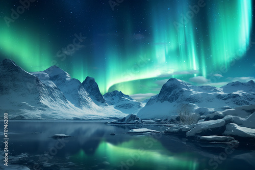 Generative AI Image of Snowy Mountains Landscape with Lights of Aurora Borealis in the Sky