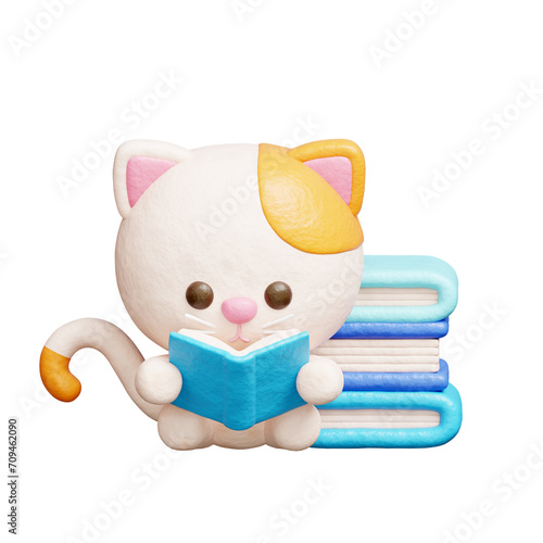 3D cute cat reading a book, Cartoon animal character, 3D rendering.