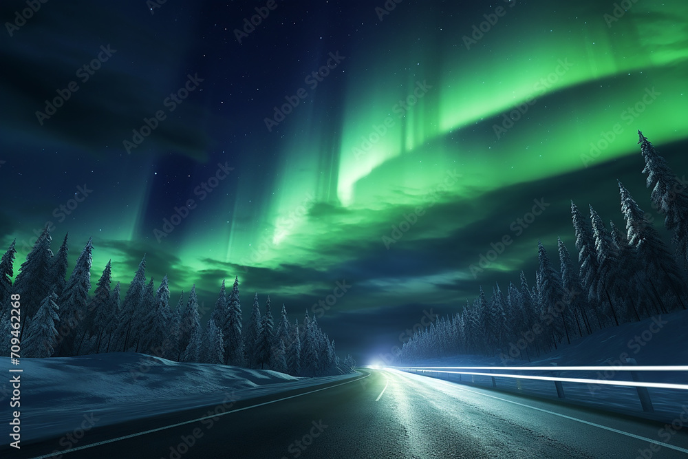 Generative AI Image of Street with Pine Trees and Aurora Borealis in the Sky