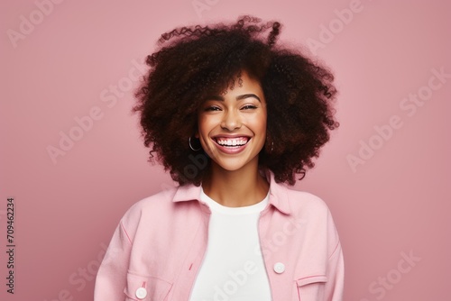 Portrait Of Happy African American Lady Posing On Pink Background 