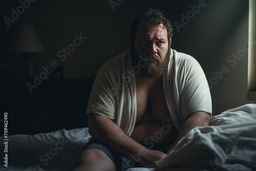 Sad heavy man sitting on bed at home, health problem, depression, 