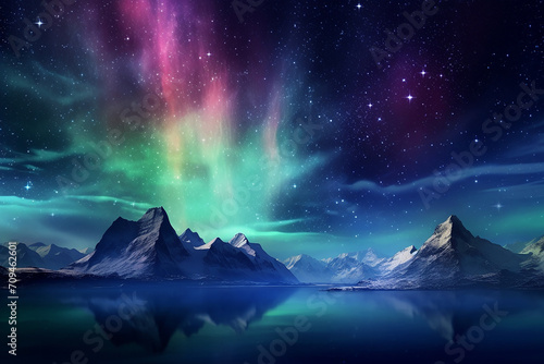 Generative AI Image of Snowy Mountains Landscape with Aurora Borealis and Galaxy in the Sky photo