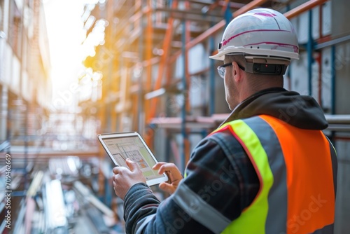  a engineer using a digital tablet on a construction site.  photo