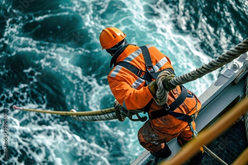 worker in high-vis gear guiding cable into the sea. worker or fisherman