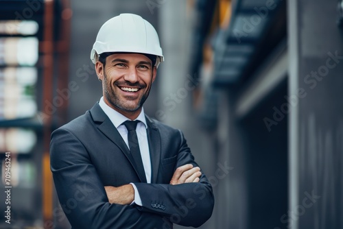 Smiling businessman with helmet on head standing 