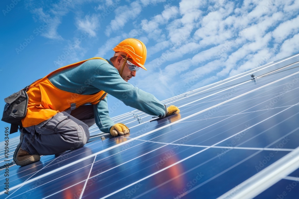 The solar farm(solar panel) Engineer service check installation solar cell on the roof The solar farm(solar panel) Engineer service check installation solar cell on the roof