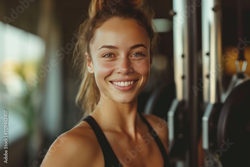 Smiling woman workout and training to live an active at gym, 