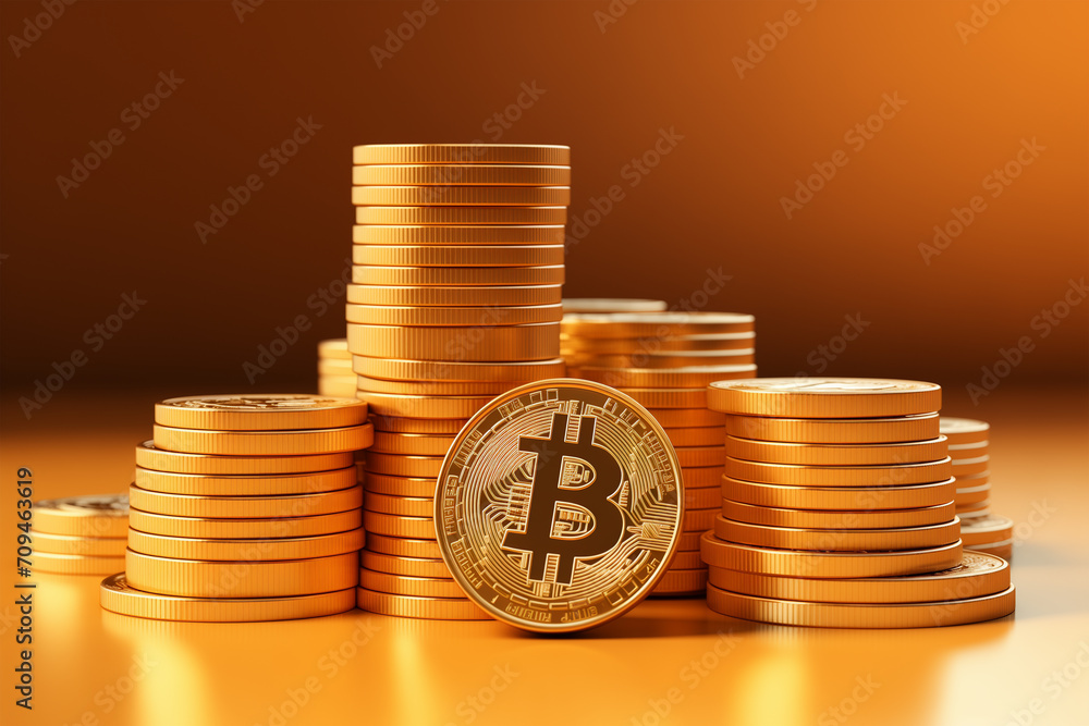 Stacks of bitcoins, isolated, on a table with an orange background