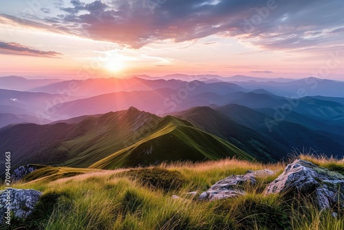 A breathtaking mountain landscape at sunrise Showcasing the beauty and majesty of nature